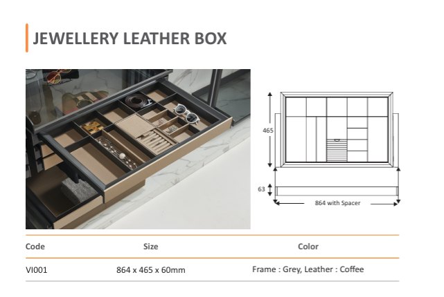 Jewellery Leather Box (VI001) — Mirano by Varun Impex Mirano VI001 Jewellery Leather Box wardrobe accessory, 864 x 465 x 60mm grey frame with coffee leather compartments