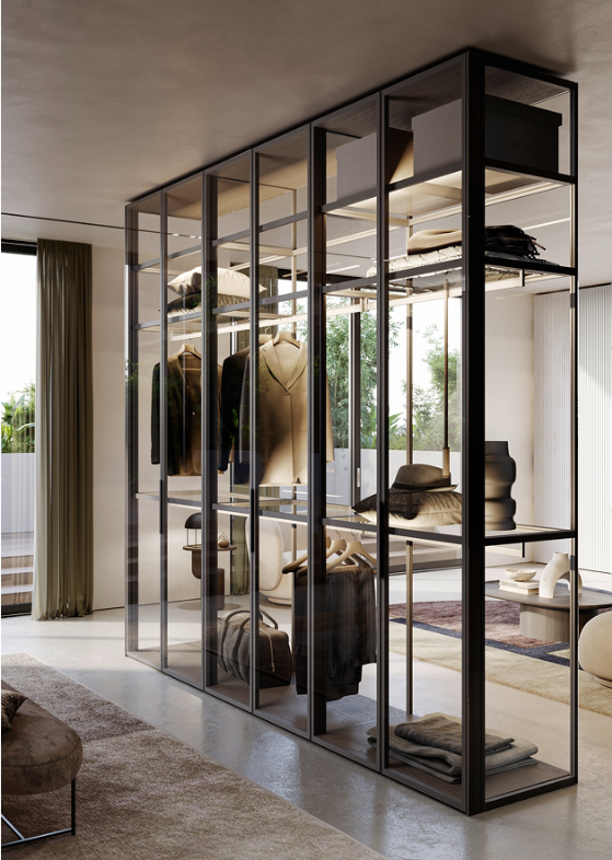 Air Glass Structure 30kg Air Glass Structure 30kg 4-sided glass openable wardrobe with slim black aluminium profiles in a walk-in closet — Mirano by Varun Impex