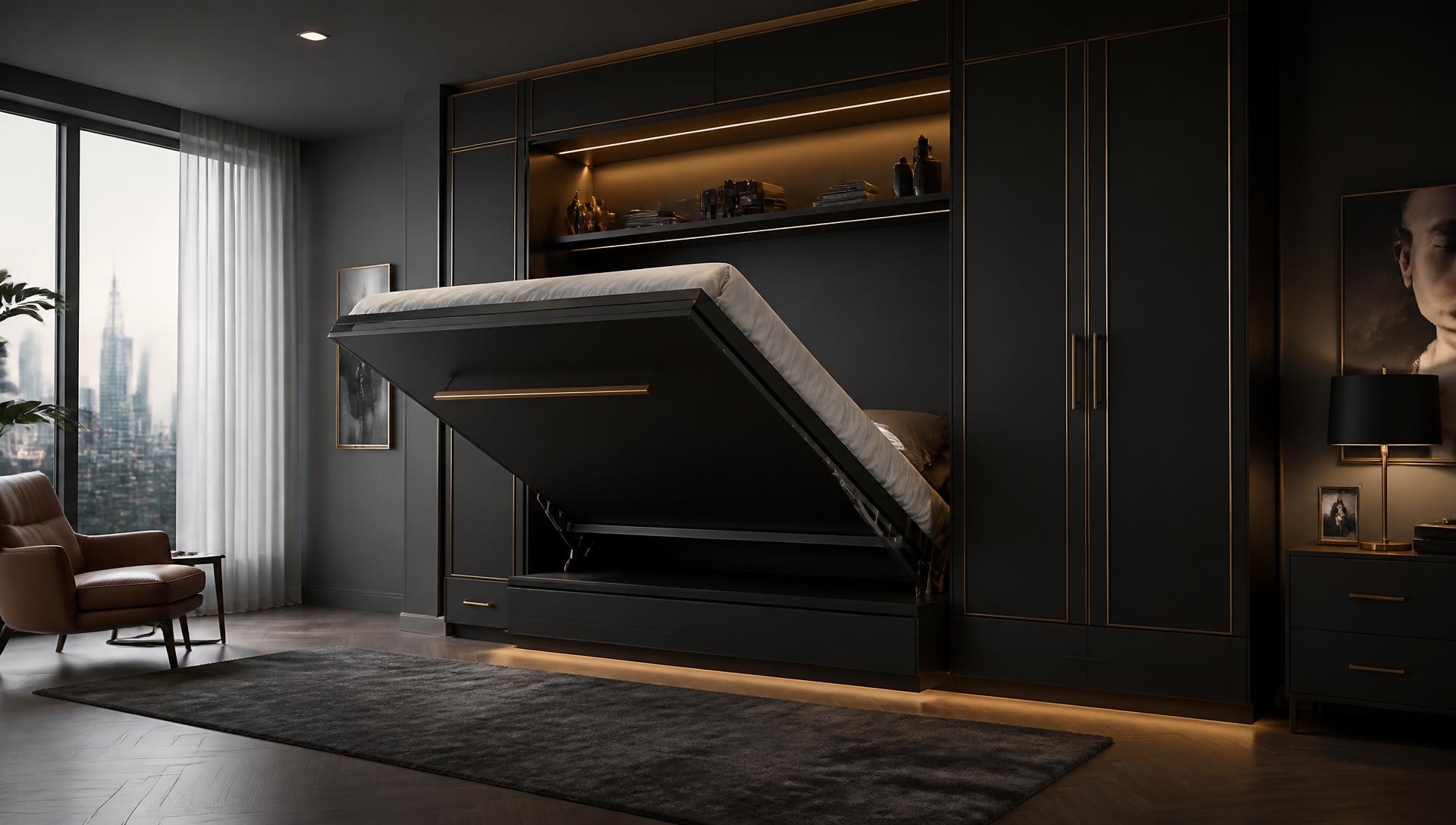 Luxury modular bedroom with a folding wall bed mechanism open – bed fittings by Mirano by Varun Impex