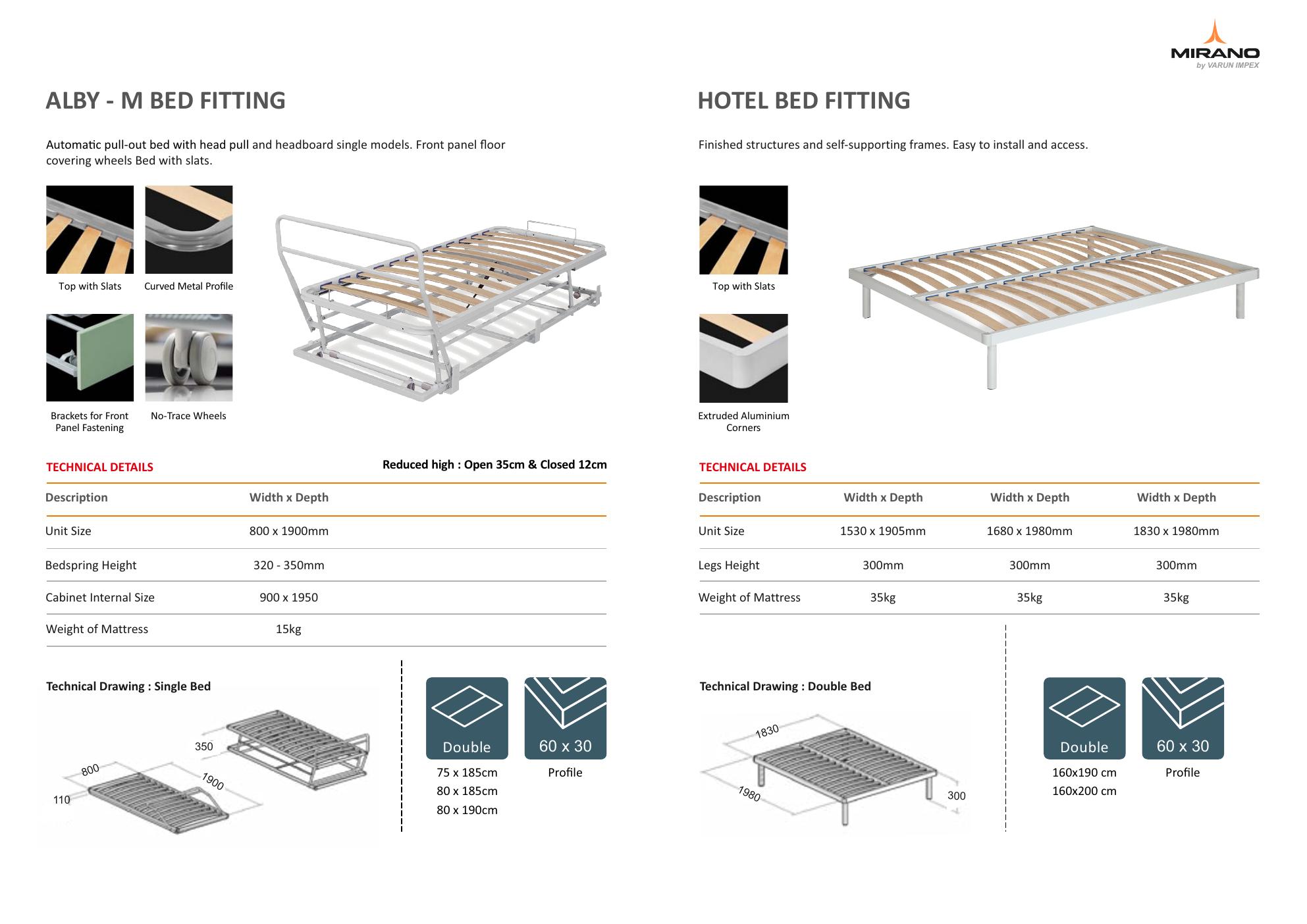 Eolo Pull Out Bed – semi-automatic pull-out trundle bed fitting by Mirano | Bed Size — 800 × 1880mm
